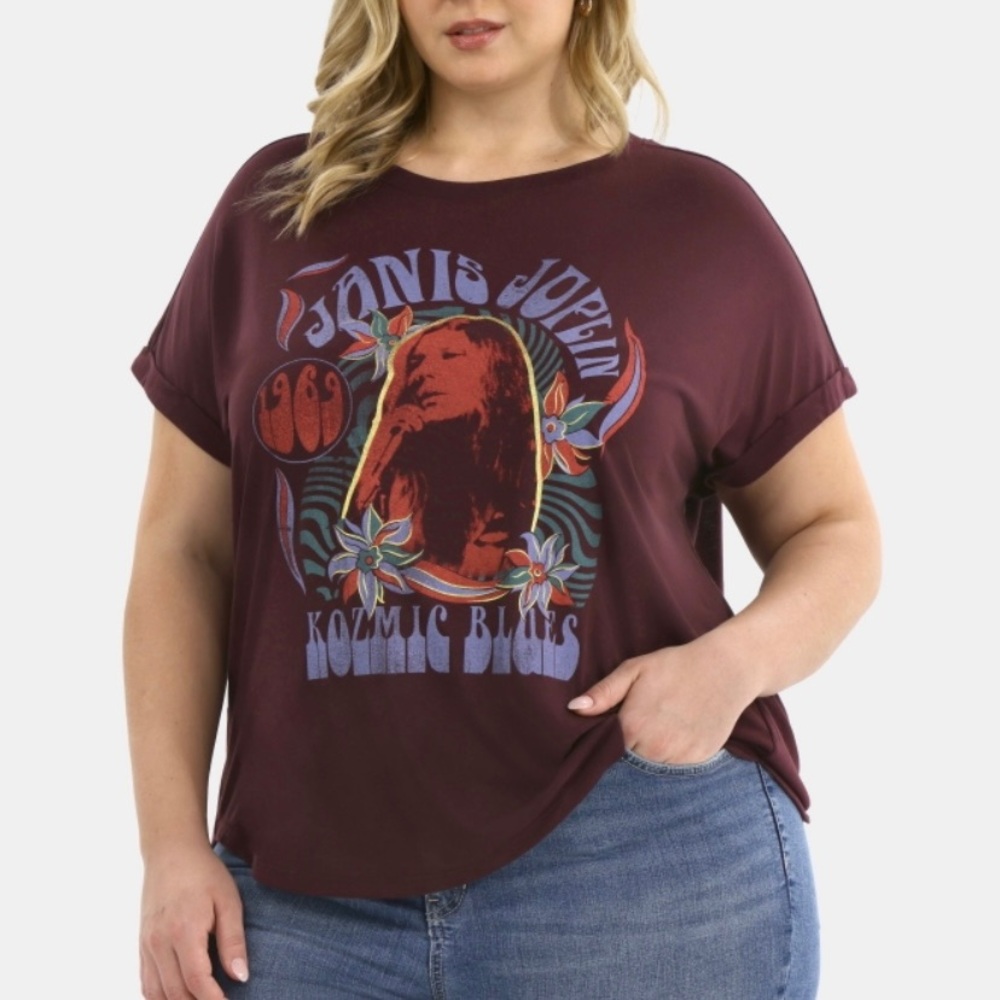 Janis Joplin | 1x | Kozmic Blues Graphic band Tee Burgundy Plum Short Sleeve Top